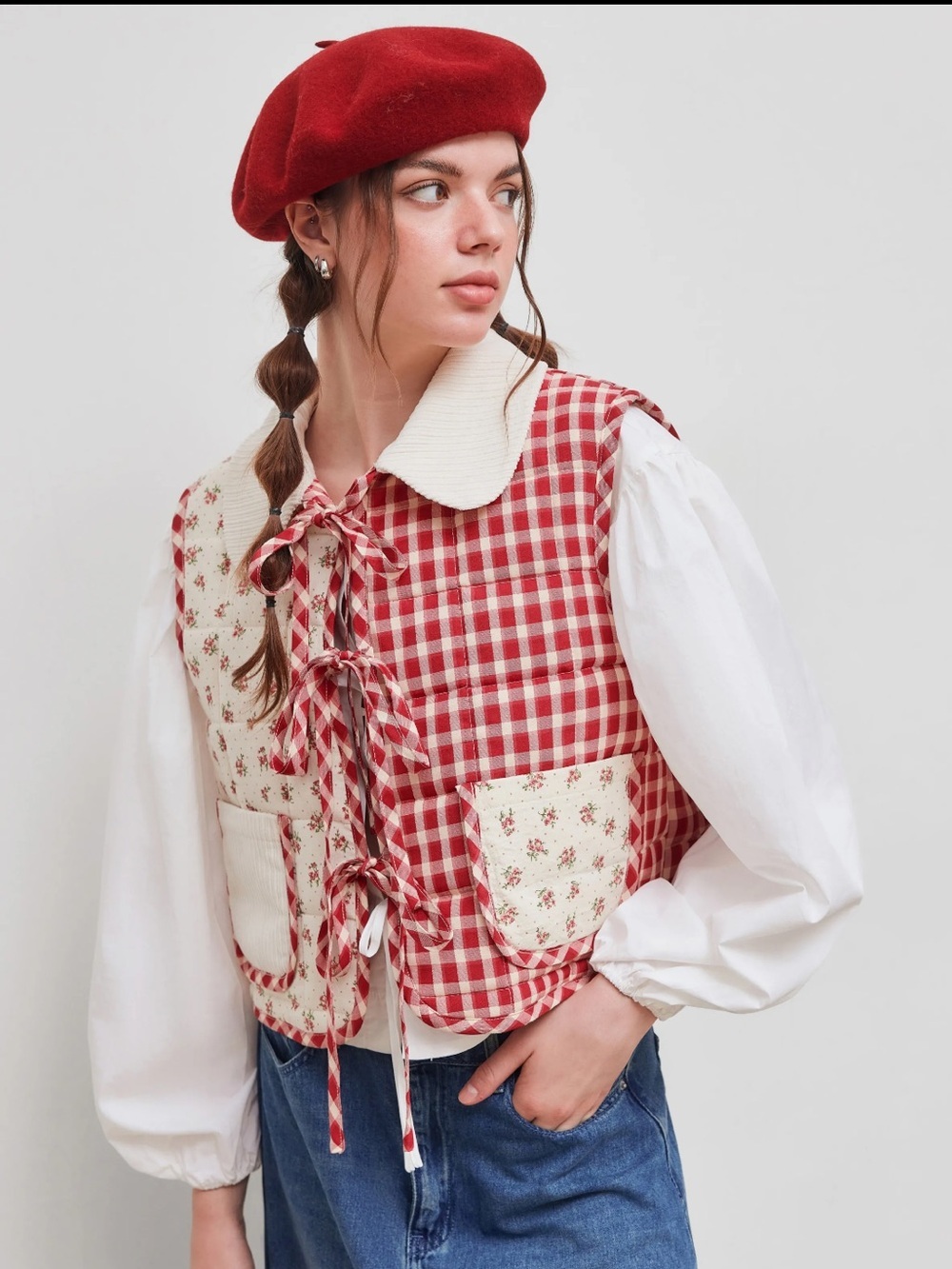 NWT CIDER OVERSIZED CONTRAST CHECK TIE FRONT BOW VEST - Picture 9 of 16